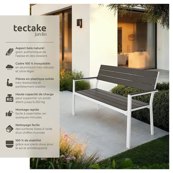 TECTAKE - Banc de jardin Line 2 places avec structure en aluminium 128 x 59 x 88 cm gris clair/blanc - large