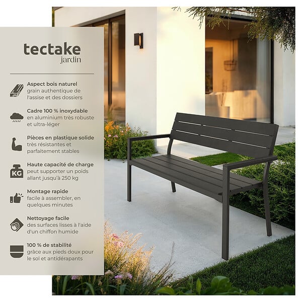 TECTAKE - Banc de jardin Line 2 places avec structure en aluminium 128 x 59 x 88 cm gris foncé - large