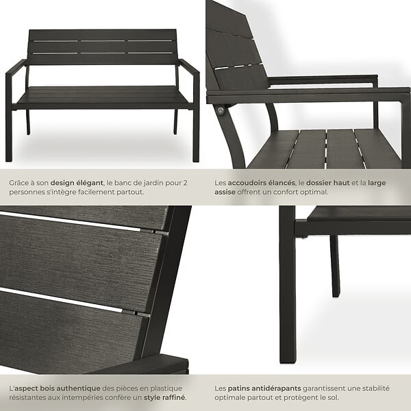 TECTAKE - Banc de jardin Line 2 places avec structure en aluminium 128 x 59 x 88 cm gris foncé - large