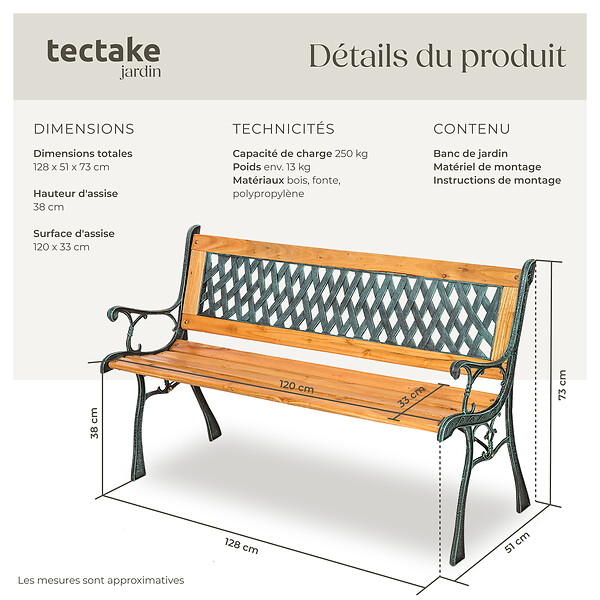 TECTAKE - Banc de jardin TAMARA 2 places 128 x 51 x 73 cm marron - large
