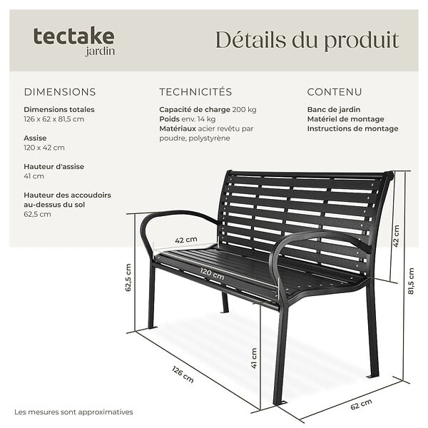 TECTAKE - Banc de jardin PINO 3 places 126 x 62 x 81,5cm noir - large