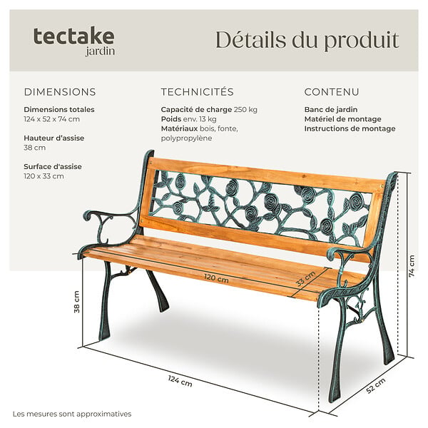 TECTAKE - Banc de jardin MARINA 2 places 124 x 52 x 74 cm marron - large