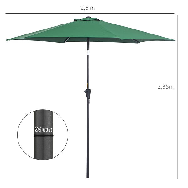 OUTSUNNY - Parasol inclinable de jardin balcon terrasse manivelle toile polyester imperméabilisée haute densité 180 g/m² Ø2,6 x 2,35H m alu vert - large
