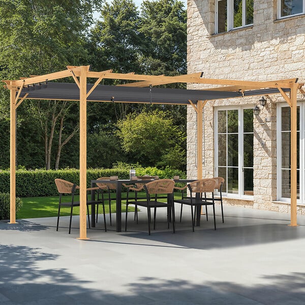 ID MARKET - Pergola édition exclusive effet bois toit rétractable 3x4 M et 4 stores gris anthracite - large