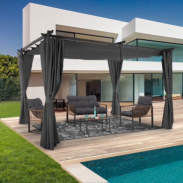 ID MARKET - Pergola édition limitée toit rétractable 3x4 M et 4 rideaux gris anthracite - large