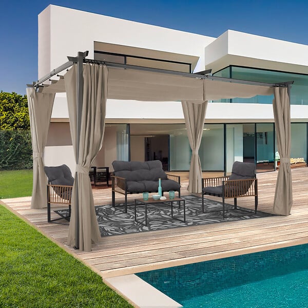 ID MARKET - Pergola édition limitée toit rétractable 3x4 M et 4 rideaux taupe - large