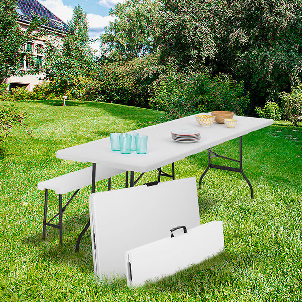 ID MARKET - Table pliante d'appoint portable 180 cm et 2 bancs pliables pour camping ou réception - large