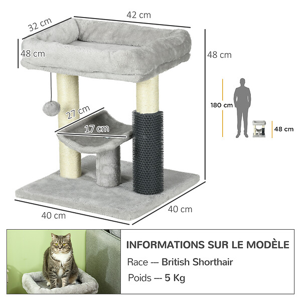 PAWHUT - Arbre à chat griffoirs sisal naturel et massant plateforme panier jeu boule suspendue peluche gris - large
