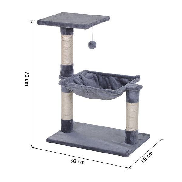 PAWHUT - Arbre à chat 3 griffoirs grattoirs sisal naturel plateforme hamac et boule suspendue dim. 50L x 36l x 70H cm peluche haute densité 220 g/m² gris - large