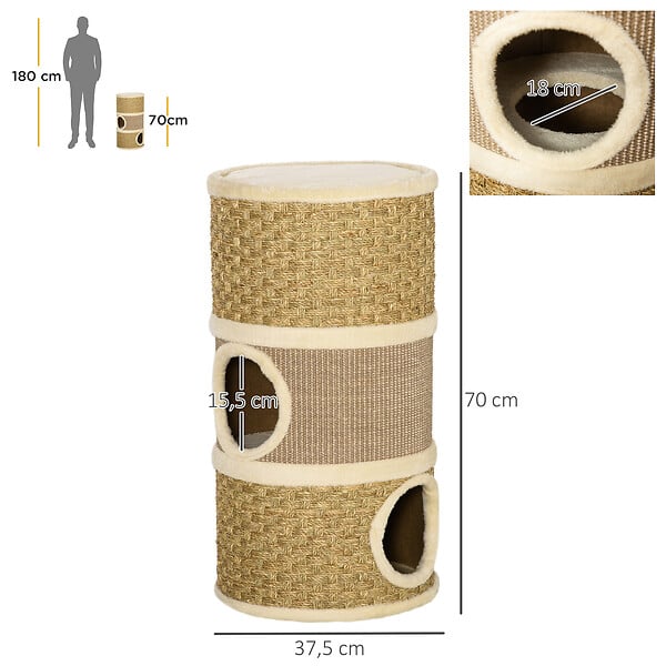 PAWHUT - Arbre à chat cylindrique - tour à griffer pour chat - arbre à chat tour - Tonneau griffoir - 3 niches + plateforme - sisal corde d'algues beige - large