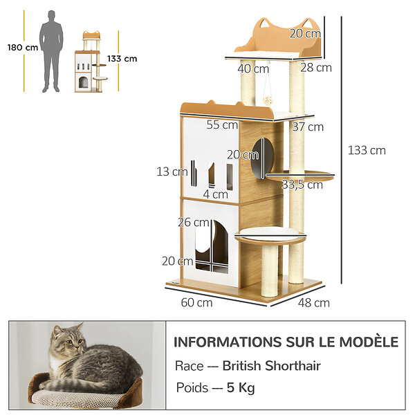 PAWHUT - Arbre à chat design contemporain griffoir sisal naturel 2 niches plateformes jeu boule suspendue MDF blanc aspect hêtre clair - large