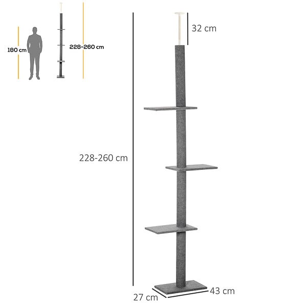 PAWHUT - Arbre à chat poteau à griffer hauteur réglable dim. 43L x 27I x 228-260H cm 4 niveaux d'activités gris clair - large