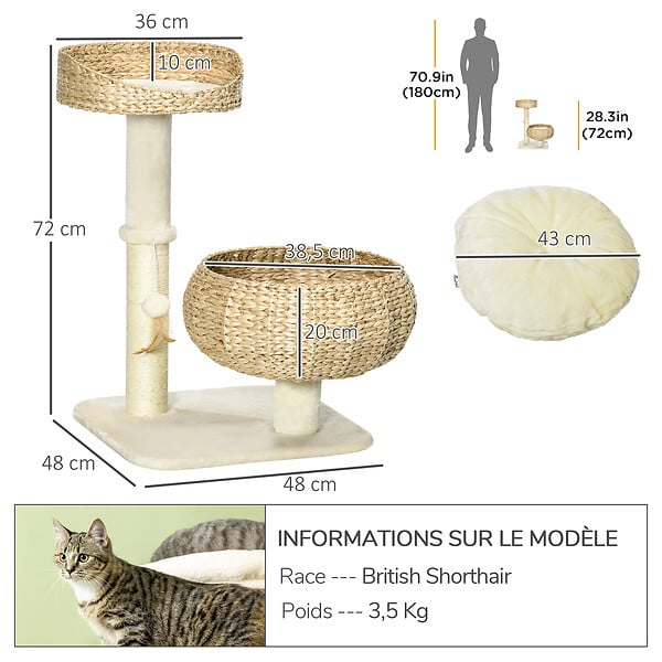 PAWHUT - Arbre à chat griffoir 2 niveaux hauteur 72 cm poteau sisal avec niche et plate-forme 1 balle suspendue beige - large