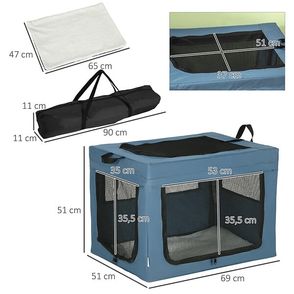 PAWHUT - Sac de transport pliable pour chien chat - 2 poignées, 3 portes - dim. 69L x 51l x 51H cm - acier polyester bleu - large