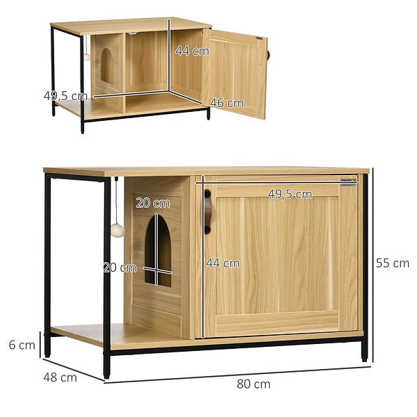 PAWHUT - Maison de toilette pour chat style industriel porte entrée latérale boule suspendue châssis acier aspect bois clair - large