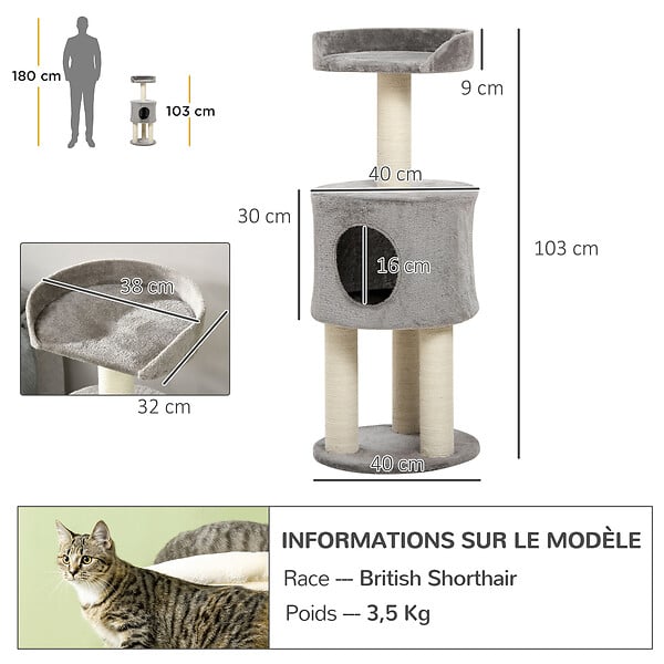 PAWHUT - Arbre à chat griffoirs sisal naturel arbre à grimper H.103 cm niche plateforme d'observation peluche grise - large
