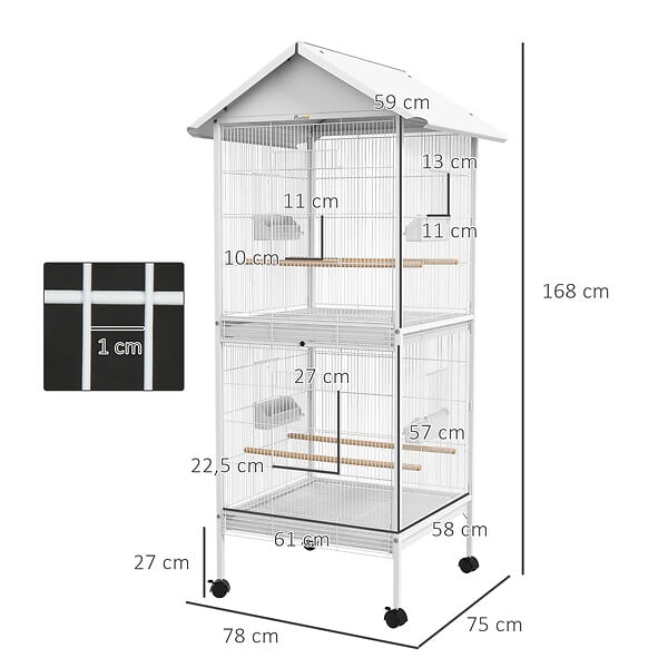 PAWHUT - Volière cage à oiseaux sur roulettes design maison mangeoires perchoirs 10 portes plateaux excréments amovibles acier blanc - large