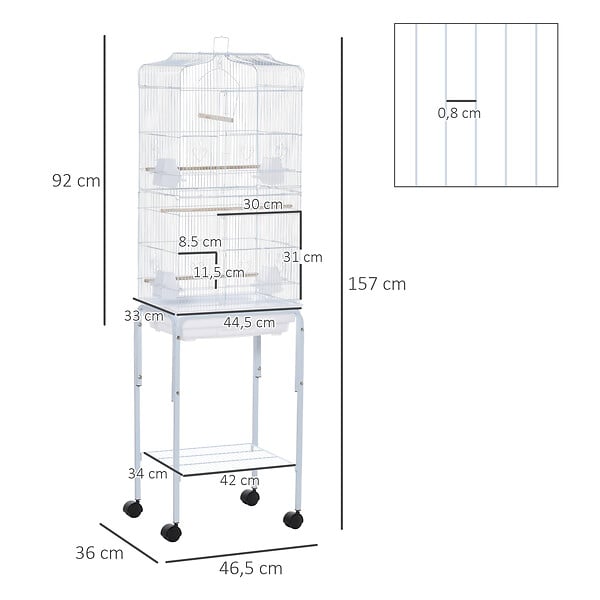 PAWHUT - PawHut Cage à oiseaux sur pied volière oiseaux sur roulettes avec toit ouvrant 3 perchoirs étagère inférieure 46,5 x 36 x 157 cm - large
