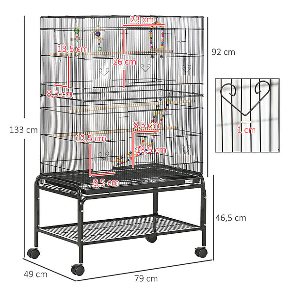 PAWHUT - Cage à oiseaux sur roulettes - étagère, plateau déjection, 3 perchoirs, 4 mangeoirs, 2 portes, 8 trappes, accessoires - acier noir - large