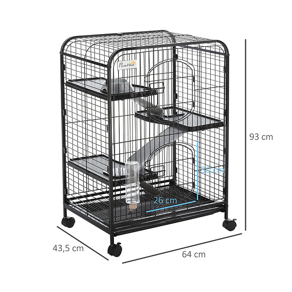 PAWHUT - PawHut Cage pour Petits Animaux Roulante 3 Rampes 3 Plates-formes Plat et Bouteille d'Eau Bac Inférieur Amovible Acier PP Noire - large