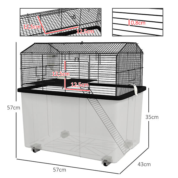 PAWHUT - Cage rongeur hamster 2 étages - roulettes, plateforme, échelle, accessoires - PP transparent acier noir - large