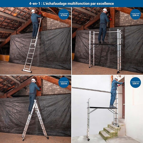 HOSTRÃ–M - HOSTRÖM Echafaudage roulant SCAFFOLDAX2X7, échafaudage jardin et pliant multifonction 4 en 1, echelle 2 plans, H max Travail 4,74m, Garantie 5 ans - large
