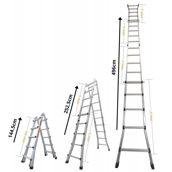SECURY-T - Échelle articulée pliante et télescopique en aluminium 4x5 marches 4,96m + 2 tablettes - large