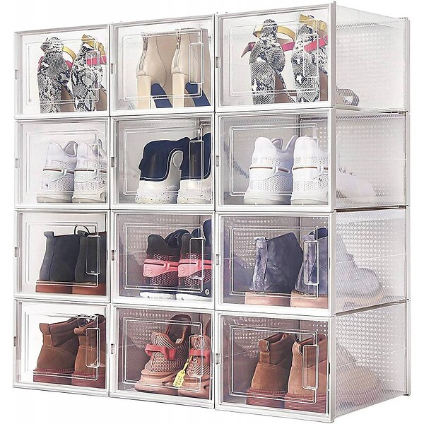SECURY-T - Rangement chaussures - Boites à chaussures - Grand format - Blanc et transparent - Lot de 12 - large