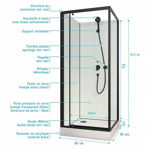 AURLANE - Cabine de douche carrée 80x80x200 cm - Porte pivotante - Fonds Blancs & Profilés Noir Mat - large