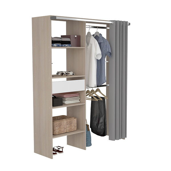 CONCEPT USINE - Dressing avec rideau, 4 étagères, 2 penderies et un tiroir bois et blanc BALI - large