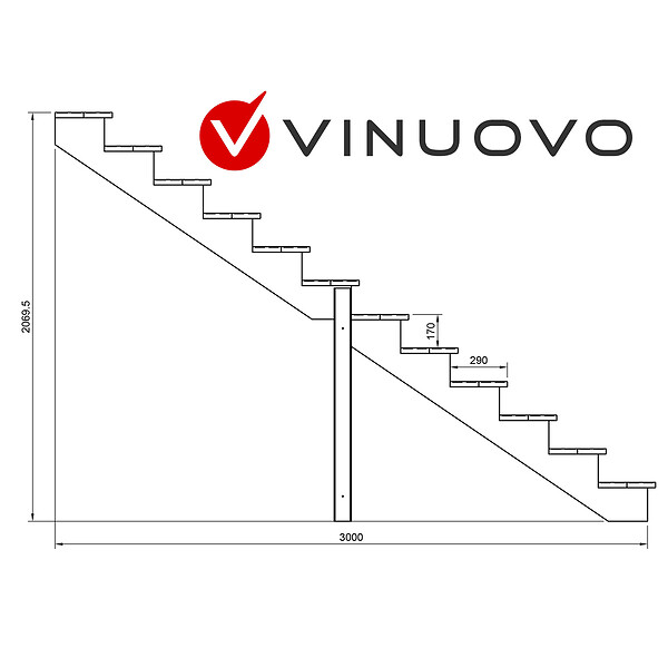 VINUOVO - BERLIN Escalier extérieur bois 12 marches H 207cm L-160cm - sans contre marche - large