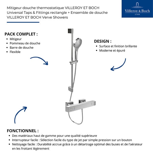 VILLEROY ET BOCH - Mitigeur douche thermostatique  Universal rectangle + Ensemble de douche Verve Showers chromé - large