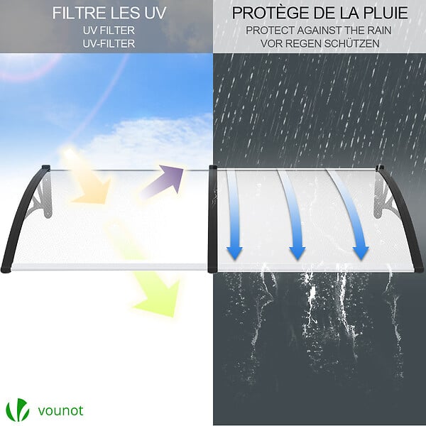 VOUNOT - Auvent de porte marquise 200x80 cm transparent en Polycarbonate anti UV Noir - large