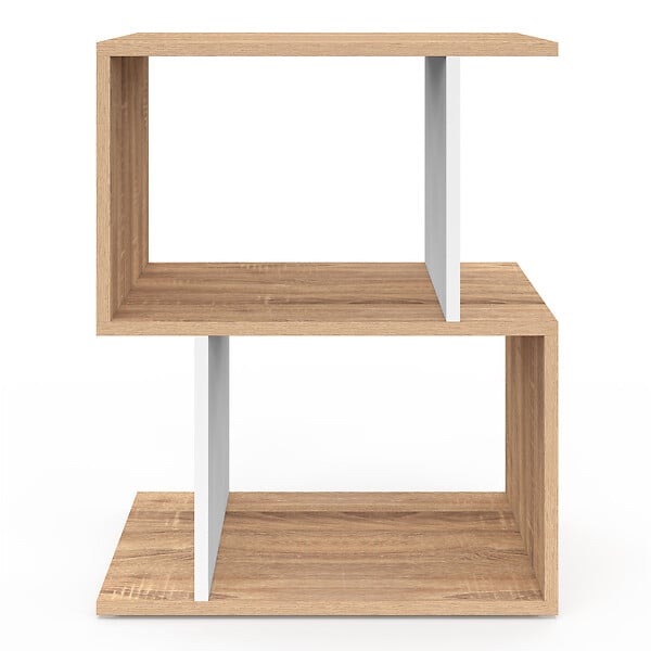 ID MARKET - Lot de 2 tables de chevet SOFIA forme S avec rangements ouverts effet hêtre et blanc - large