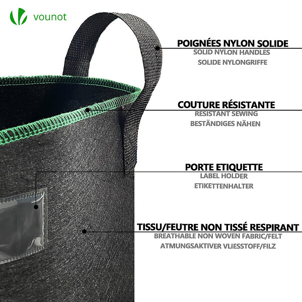VOUNOT - Lot de 5 sacs de plantation non tisse 65L avec poignee Noir - large