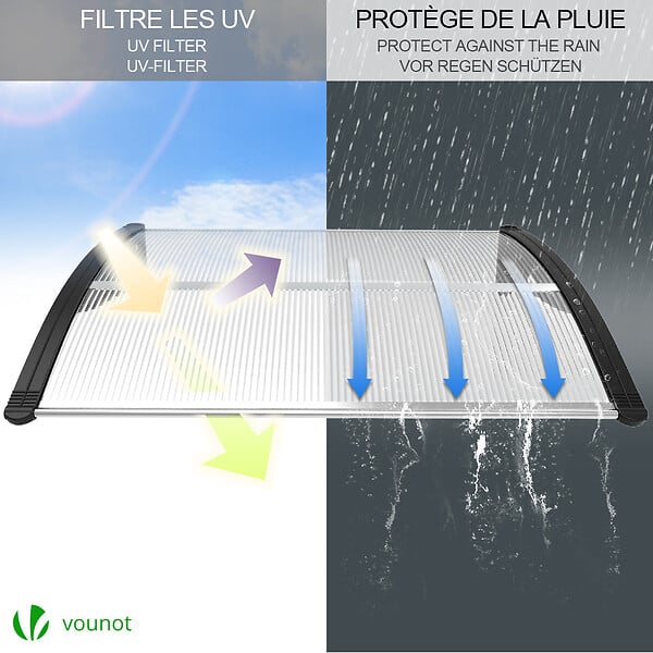 VOUNOT - Auvent de porte marquise 100x80 cm transparent en Polycarbonate anti UV Noir - large