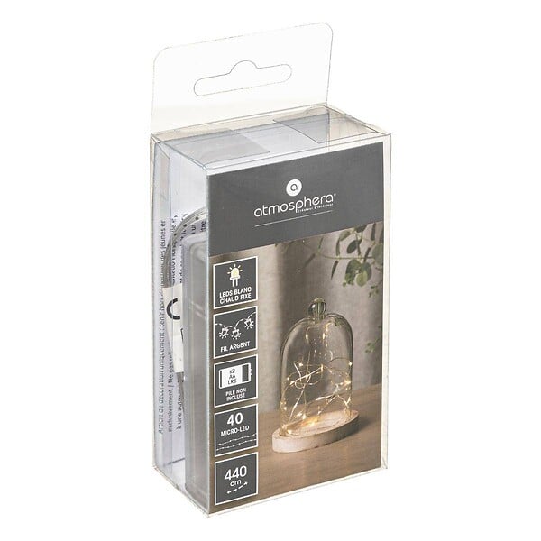 ATMOSPHERA - Guirlandes "Anya" 40 microLED à pile argent blanc chaud L400cm - large