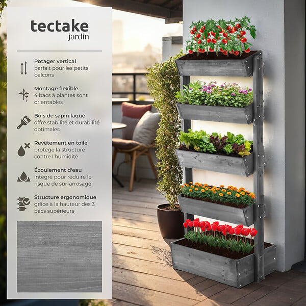 TECTAKE - Jardinière verticale FLORA en bois laqué avec toile de paillage gris - large
