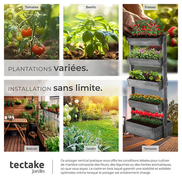 TECTAKE - Jardinière verticale FLORA en bois laqué avec toile de paillage gris - large