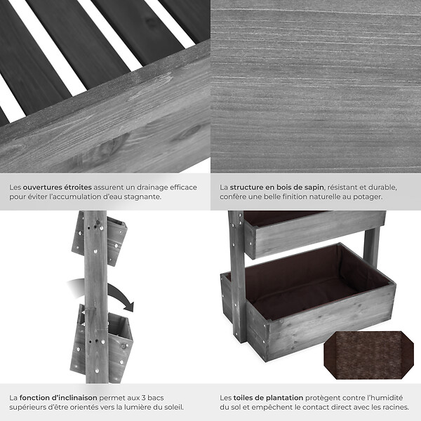 TECTAKE - Jardinière verticale FLORA en bois laqué avec toile de paillage gris - large