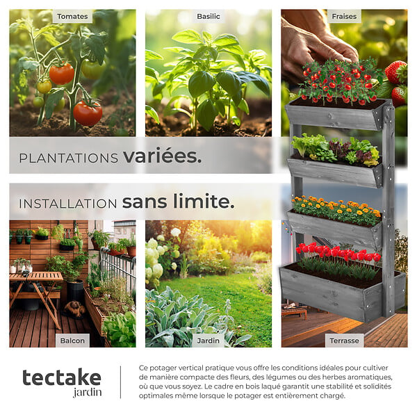 TECTAKE - Jardinière verticale FLORA en bois laqué avec toile de paillage gris - large