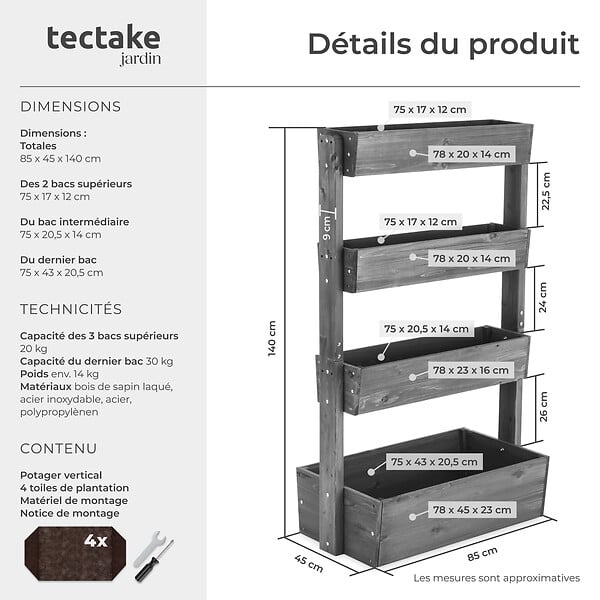 TECTAKE - Jardinière verticale FLORA en bois laqué avec toile de paillage gris - large