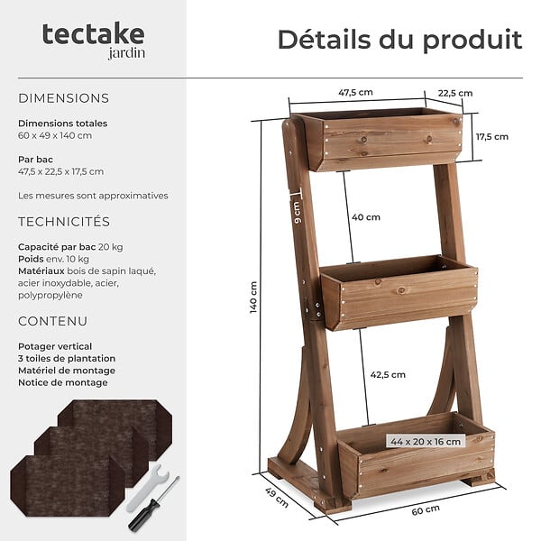 TECTAKE - Jardinière verticale FLORA en bois laqué avec toile de paillage marron - large