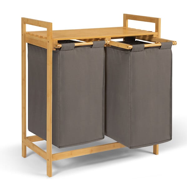 ID MARKET - Panier à linge 2 bacs bambou BEA tissu gris foncé - large