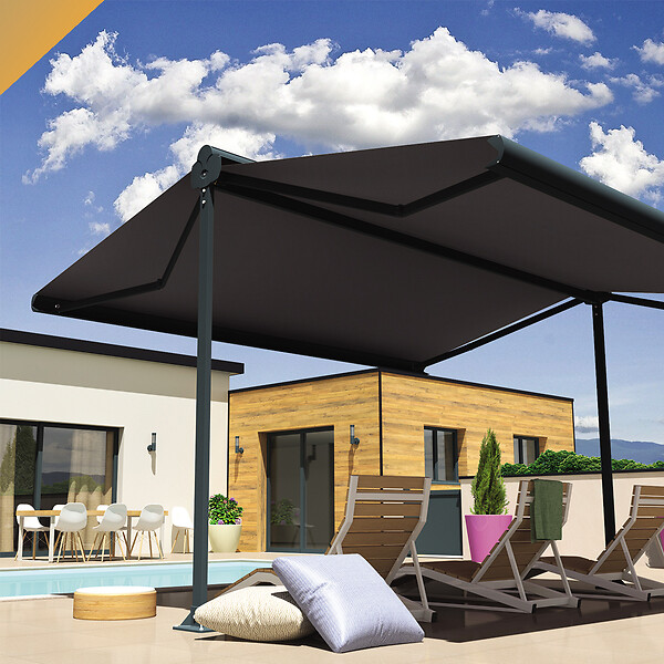 INTERSUN - Store banne double pente ENARGITE 5,00x2x3,00 M (Manuelle - Gris anthracite structuré RAL7016ST - Gris foncé 250g/m²) - large