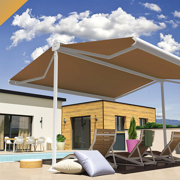 INTERSUN - Store banne double pente ENARGITE 5,00x2x3,00 M (Motorisé à Télécommande - Blanc satiné RAL9010 - Taupe 250g/m²) - large
