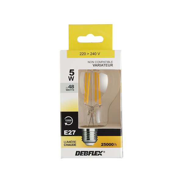 DEBFLEX - AMPOULE A60 FILAMENT VERRE TRANSPARENT E27 5W 2700K 600LM - large