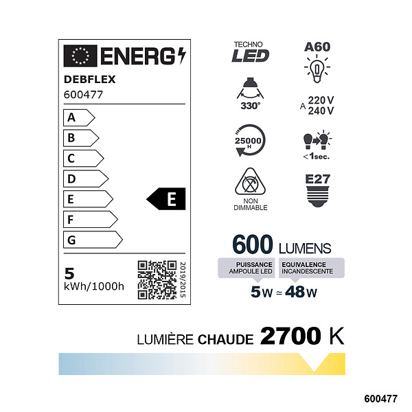 DEBFLEX - AMPOULE A60 FILAMENT VERRE TRANSPARENT E27 5W 2700K 600LM - large