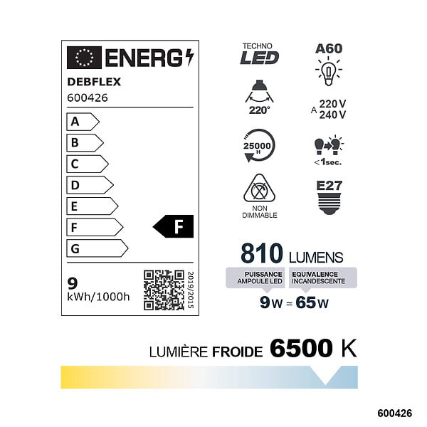 DEBFLEX - AMPOULE A60 SMD VERRE BLANC E27 9W 6500K 810LM - large