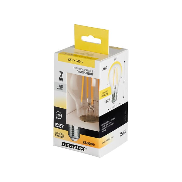 DEBFLEX - AMPOULE A60 FILAMENT VERRE TRANSPARENT E27 7W 2700K 810LM - large